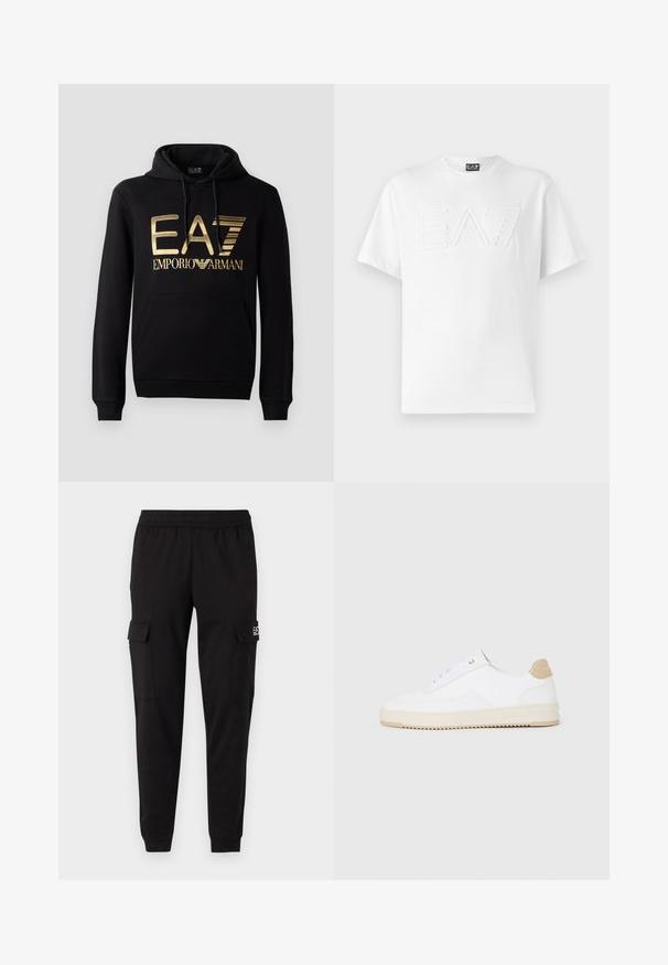 Zwarte hoodie met een gouden EA7-logo en de tekst "EMPORIO ARMANI" op de voorkant. Inclusief een voorste kangoeroezak en trekkoord voor de capuchon.; Witte katoenen t-shirt met een ronde hals, voorzien van een verhoogd reliëf "EA7" logo op de voorkant en korte mouwen.; Zwarte cargobroek met een elastische tailleband, twee zijzakken en logo-opdruk aan de linkerkant. Soepele textuur, taps toelopend bij de enkels.; Witte lage sneakers van textuurleer met een romige, ribbelige zool en een tankleurige hakaccent. Voorzien van witte veters en logodetail op de hak.