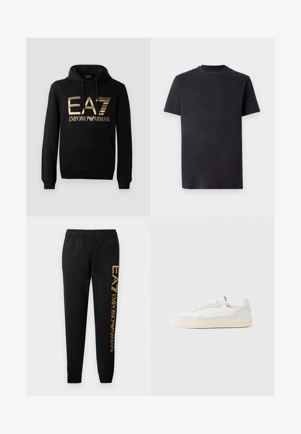 Zwarte hoodie met een gouden EA7-logo en de tekst "EMPORIO ARMANI" op de voorkant. Inclusief een voorste kangoeroezak en trekkoord voor de capuchon.; Zwarte katoenen t-shirt met een ronde hals, korte mouwen en een reliëf logo detail op de borst. Soepele textuur, ontspannen pasvorm.; Zwarte sweatpants met elastische tailleband en aangesloten boorden. Heeft een verticale gouden logoprint op het linkerpant. Gemaakt van zachte stof.; Witte sneaker met een bovenwerk van gestructureerd suède en leer. Voorzien van een afgeronde neus, vetersluiting en een contrasterende beige rubberen zool.