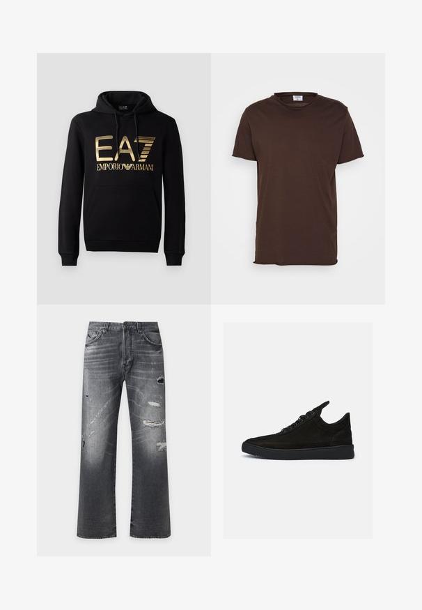 Must kärp, millel on esiküljel kuldne EA7 logo ja tekst "EMPORIO ARMANI". Sisaldab esimest taskut ja nööriga kapuutsi.; Filippa K ROLL NECK TEE - Lihtne T-särk - dark choco; Mustad pleekinud sirge lõikega teksapüksid, millel on kulunud augud ja narmendunud plaastrid reite ja põlvede ees.; Mustad seemisneakerid, millel on madal profiil, ümar varvas ja tekstuuriga kummist tald. Omab viit aukku ja tagumist haaratsit.