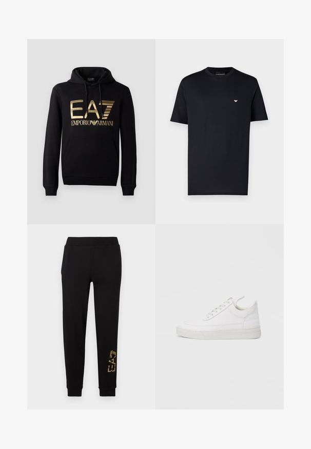 Zwarte hoodie met een gouden EA7-logo en de tekst "EMPORIO ARMANI" op de voorkant. Inclusief een voorste kangoeroezak en trekkoord voor de capuchon.; Zwart katoenen T-shirt met een ronde hals, korte mouwen en een klein goudkleurig logo op de borst. Gladde textuur, standaard pasvorm.; Zwarte joggingbroek met een losse pasvorm, voorzien van een gouden grafisch ontwerp op het onderbeen en een elastische tailleband voor comfort.; Witte leren sneaker met een afgeronde neus, platte zool en veters aan de voorkant. Voorzien van stikseldetails en een gevoerde kraag voor comfort.