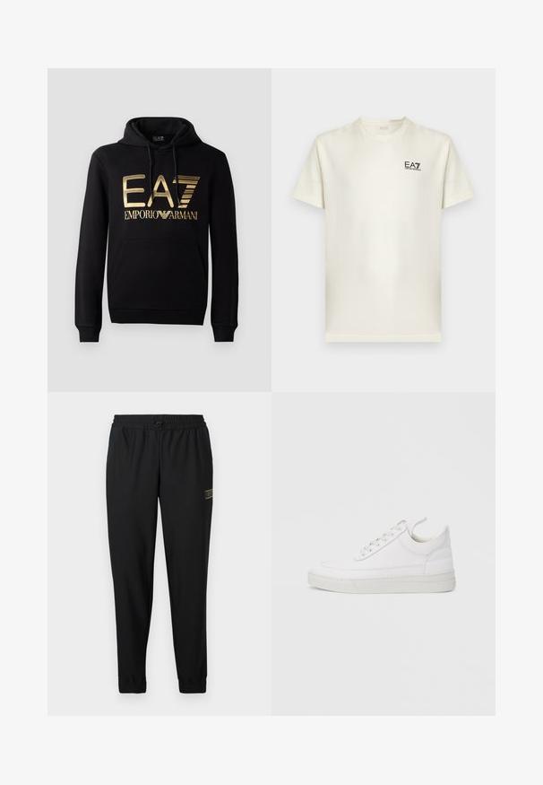 Čierna mikina s kapucňou, ktorá na prednej strane obsahuje zlaté logo EA7 a text "EMPORIO ARMANI". Má prednú vrecko s kangaroo a kapucňu so sťahovacou šnúrkou.; Biele tričko s krátkym rukávom a okrúhlym výstrihom, s malým čiernym logom "EA7 Emporio Armani" na ľavej strane hrudníka.; Čierne športové nohavice s textúrovanou látkou, elastickým pásom, šnúrkou, zúženými nohavicami a malým zlatým logom na ľavej strane.; Biela kožená teniska s okrúhlou špičkou, plochou podrážkou a šnurovaním vpredu. Má švy a polstrovaný golier pre pohodlie.
