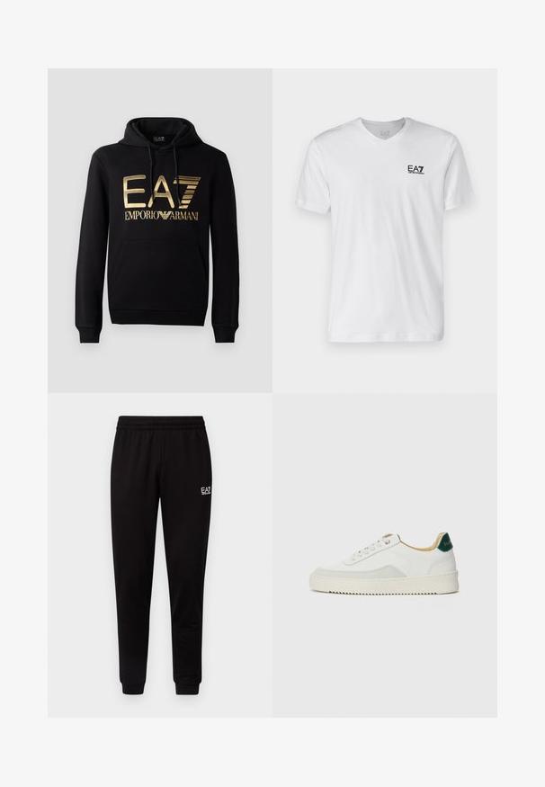 Must kärp, millel on esiküljel kuldne EA7 logo ja tekst "EMPORIO ARMANI". Sisaldab esimest taskut ja nööriga kapuutsi.; Valge puuvillane T-särk V-kaelusega, lühikeste varrukatega, millel on must EA7 logo vasakul rinnal. Sile tekstuur, lihtne disain.; Mustad mustad püksid elastse vöökohtaga, kitsenevate jalgadega ja väikese valge logoga vasakul ülal. Sile tekstuur ja lihtne disain.; Valged tennisjalanõud, millel on sametised aktsendid, ümar varvas, lame nöörid ja kreemjas kummine põhja. Hästi nähtav roheline bränding kannal.