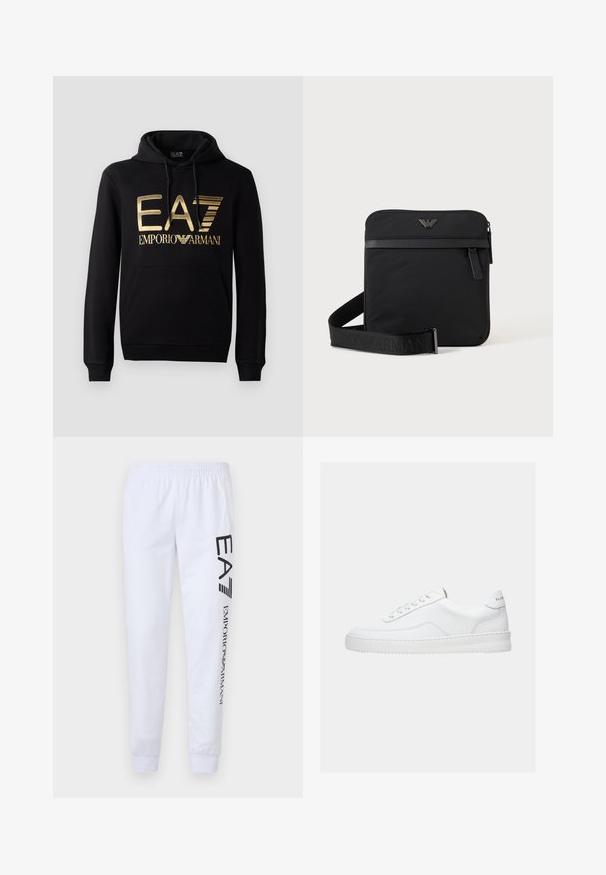 Sudadera negra con logo dorado de EA7 y texto "EMPORIO ARMANI" en la parte frontal. Incluye un bolsillo tipo canguro en la parte delantera y capucha con cordón.; Pantalones de chándal blancos hechos de tejido suave, con logotipos impresos en negro "EA7" y "Emporio Armani" a lo largo de la pierna izquierda, con cintura y puños elásticos.; Zapatilla deportiva blanca de corte bajo con diseño con cordones, parte superior de cuero liso y suela gruesa, vista de lado sobre un fondo liso.; Bolso de hombro negro cuadrado con cierre de cremallera, bolsillo delantero y correa ajustable con nombre de marca en relieve.