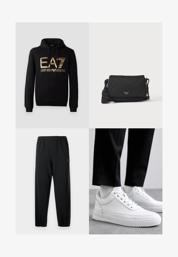 Čierna mikina s kapucňou, ktorá na prednej strane obsahuje zlaté logo EA7 a text "EMPORIO ARMANI". Má prednú vrecko s kangaroo a kapucňu so sťahovacou šnúrkou.; Čierne tepláky s elastickým pásom, zúženými nohavicami a malou značkovou nášivkou. Vyrobené z hladkej, ľahkej látky.; Biele kožené tenisky s plochou gumovou podrážkou, s hladkým povrchom, okrúhlou špičkou a kovovými očkami na šnúrky. Nosené s čiernymi nohavicami.; Čierna crossbody taška s nastaviteľným popruhom a malým strieborným logom na prednej klape, zobrazená na jednoduchom svetlom pozadí.