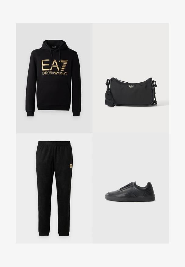 Zwarte hoodie met een gouden EA7-logo en de tekst "EMPORIO ARMANI" op de voorkant. Inclusief een voorste kangoeroezak en trekkoord voor de capuchon.; Zwarte velours joggerbroek met elastische tailleband, manchetten aan de enkels, zijzakken en een klein beige EA7 Emporio Armani logo op de dij.; Zwarte leren sneaker met een gladde afwerking, ronde neus, textuurpaneel aan de zijkant en zwarte veters. Voorzien van een platte rubberen zool en een minimalistisch ontwerp.; Zwarte rechthoekige crossbodytas met zilveren merklogo-embleem en verstelbare band op een lichte achtergrond.