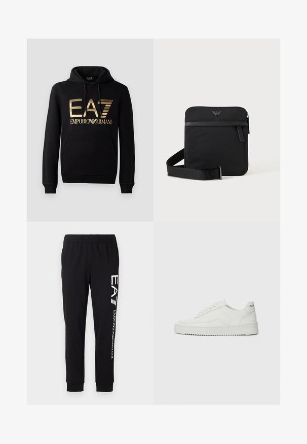 Zwarte hoodie met een gouden EA7-logo en de tekst "EMPORIO ARMANI" op de voorkant. Inclusief een voorste kangoeroezak en trekkoord voor de capuchon.; Zwarte sweatpants van rekbaar materiaal. Voorzien van een elastische tailleband, taps toelopende boorden en witte branding op het linkerbeen.; Witte leren sneaker met een gladde afwerking, ronde neus, platte veters en een gestructureerde zool. Kenmerkt zich door een subtiel logo op de hiel.; Zwarte vierkante schoudertas met ritssluiting, voorvak en verstelbare band met geperste merknaam.