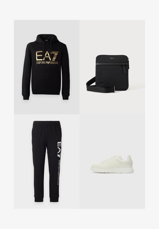 Must kärp, millel on esiküljel kuldne EA7 logo ja tekst "EMPORIO ARMANI". Sisaldab esimest taskut ja nööriga kapuutsi.; Mustad mustad, mis on valmistatud venivast kangast. Funktsioonideks on elastne vöökoht, kitsenevad varrukad ja valge bränding vasakul jalal.; Valge nahkne sneaker, millel on tekstureeritud pealmine osa, ümar varvas, lame valge talla ja tooni järgi seotud paelad. Disciple brändimine keelega.; Must ruudukujuline õlakott tõmblukuga, esitasku ja reguleeritava rihmaga, millel on reljeefne kaubamärgi nimi.