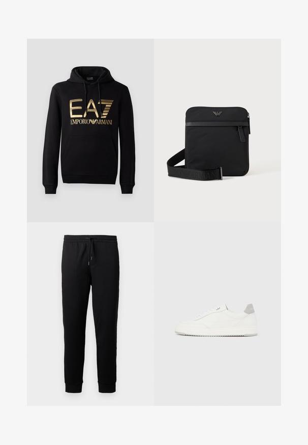 Zwarte hoodie met een gouden EA7-logo en de tekst "EMPORIO ARMANI" op de voorkant. Inclusief een voorste kangoeroezak en trekkoord voor de capuchon.; Zwarte joggingbroek gemaakt van zachte stof met een elastische tailleband en trekkoord. Heeft taps toelopende pijpen met ribbenboorden.; Witte lage sneaker met grijze hielpatch, witte veters en een gestructureerde zool, gepresenteerd op een effen lichte achtergrond.; Zwarte vierkante schoudertas met ritssluiting, voorvak en verstelbare band met geperste merknaam.
