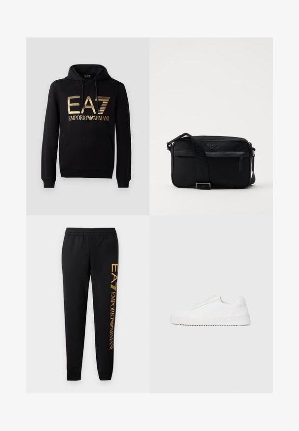 Sort hættejakke med et guld EA7-logo og "EMPORIO ARMANI" tekst på forsiden. Inkluderer en frontlomme og hætte med snore.; Sorte sweatpants med elastisk talje og afsluttede ben. Udstyret med et lodret guld logo tryk på venstre ben. Fremstillet af blødt stof.; Hvid sneaker med en glat læderoverdel, rund tå, snørebånd, teksturerede sideaccenter og en tyk gummisål. Minimalistisk design.; Sorte nylon skuldertaske med en kontrasterende rem, slank rektangulær form, logo detaljer og en lynlåslomme på forsiden.