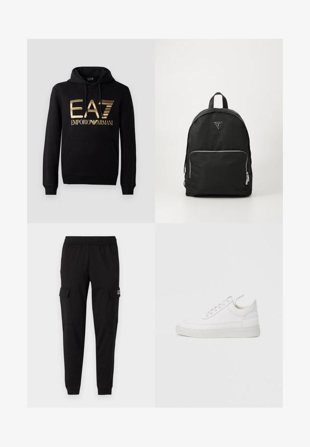 Must kärp, millel on esiküljel kuldne EA7 logo ja tekst "EMPORIO ARMANI". Sisaldab esimest taskut ja nööriga kapuutsi.; Mustad kampsuni püksid elastse vöökohtaga, kahe külje taskuga ja logo detailiga vasakul pool. Sile tekstuur, jalgade juures Kitsenev.; Valge nahast tennisking ümarate varvastega, tasase tallaga ja eespaelaga. Omab õmbluste detaile ning pehmet ääreosa mugavuse tagamiseks.; Must värviline nailonkott, millel on ümar kuju, eesmine tõmblukuga tasku, hõbedased detailid ja ülaosas kolmnurkne logo.