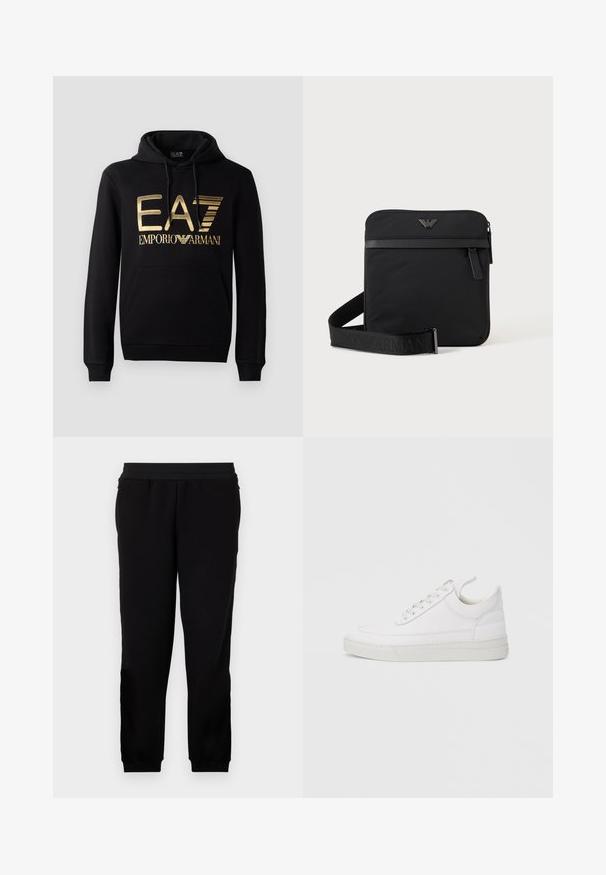 Sort hættejakke med et guld EA7-logo og "EMPORIO ARMANI" tekst på forsiden. Inkluderer en frontlomme og hætte med snore.; Sorte sweatpants lavet af et blødt materiale, med et elastisk liv, tætsiddende manchetter og sidelommer for ekstra bekvemmelighed.; Hvid lædersneaker med rundet tå, flad sål og snørebånd foran. Har syningsdetaljer og polstret krave for komfort.; Sort firkantet skuldertaske med lynlås, frontlomme og justerbar rem med præget brandnavn.