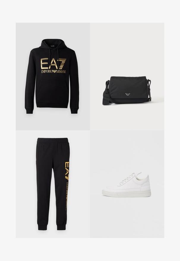 Zwarte hoodie met een gouden EA7-logo en de tekst "EMPORIO ARMANI" op de voorkant. Inclusief een voorste kangoeroezak en trekkoord voor de capuchon.; Zwarte trainingsbroek van zacht materiaal, met een elastische tailleband en cuffed enkels. Gele branding die verticaal op het linkerpijp is gedrukt.; Witte leren sneaker met een afgeronde neus, platte zool en veters aan de voorkant. Voorzien van stikseldetails en een gevoerde kraag voor comfort.; Zwarte crossbodytas met verstelbare band en klein zilverkleurig logo-embleem op de voorflap, afgebeeld op een effen lichte achtergrond.