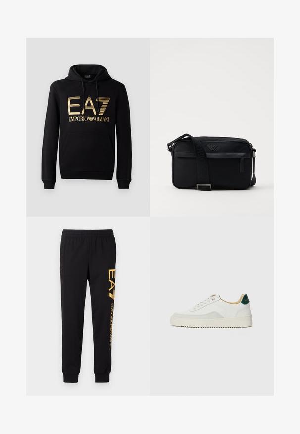 Zwarte hoodie met een gouden EA7-logo en de tekst "EMPORIO ARMANI" op de voorkant. Inclusief een voorste kangoeroezak en trekkoord voor de capuchon.; Zwarte trainingsbroek van zacht materiaal, met een elastische tailleband en cuffed enkels. Gele branding die verticaal op het linkerpijp is gedrukt.; Witte sneaker met suède accenten, ronde neus, platte veters en een crème rubberen zool. Bevat groene branding op de hiel.; Zwarte nylon schoudertas met een contrasterende schouderband, een slank rechthoekig ontwerp, een logo-detail en een ritszak aan de voorkant.