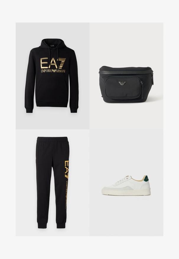 Zwarte hoodie met een gouden EA7-logo en de tekst "EMPORIO ARMANI" op de voorkant. Inclusief een voorste kangoeroezak en trekkoord voor de capuchon.; Zwarte trainingsbroek van zacht materiaal, met een elastische tailleband en cuffed enkels. Gele branding die verticaal op het linkerpijp is gedrukt.; Witte sneaker met suède accenten, ronde neus, platte veters en een crème rubberen zool. Bevat groene branding op de hiel.; Zwarte heuptas met voorvak met rits en zilveren adelaarlogo, gladde stof met gestructureerde afwerking en ritstrekker.
