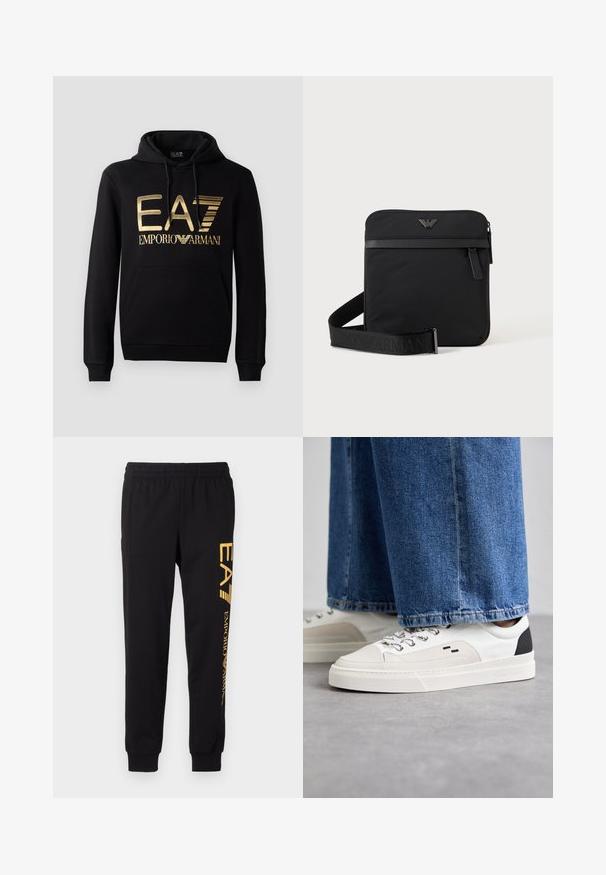 Sudadera negra con logo dorado de EA7 y texto "EMPORIO ARMANI" en la parte frontal. Incluye un bolsillo tipo canguro en la parte delantera y capucha con cordón.; Chandal negro hecho de tela suave, con cinturilla elástica y tobillos ajustados. Marca amarilla impresa verticalmente en la pierna izquierda.; Zapatillas blancas y negras con una parte superior de cuero suave, acentos texturizados y una suela blanca gruesa. Presenta un diseño clásico de cordones.; Bolso de hombro negro cuadrado con cierre de cremallera, bolsillo delantero y correa ajustable con nombre de marca en relieve.