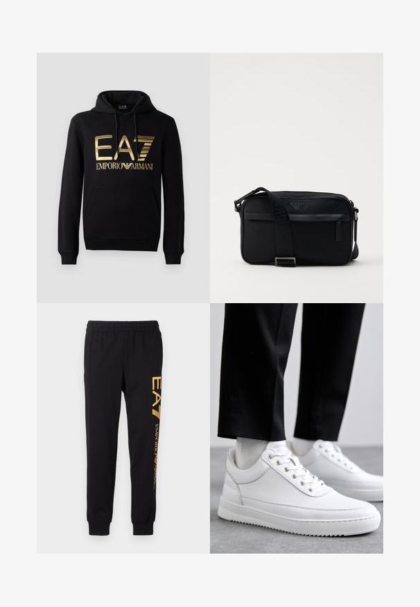 Čierna mikina s kapucňou, ktorá na prednej strane obsahuje zlaté logo EA7 a text "EMPORIO ARMANI". Má prednú vrecko s kangaroo a kapucňu so sťahovacou šnúrkou.; Čierne teplákové nohavice vyrobené z mäkkej látky, s elastickým pásom a sťahovacími členkami. Žlté logo tlačené vertikálne na ľavej nohe.; Biele kožené tenisky s plochou gumovou podrážkou, s hladkým povrchom, okrúhlou špičkou a kovovými očkami na šnúrky. Nosené s čiernymi nohavicami.; Čierna nylonová taška cez rameno so kontrastným popruhom, štýlovým obdĺžnikovým tvarom, detailom loga a zipsovou kapsou na prednej strane.