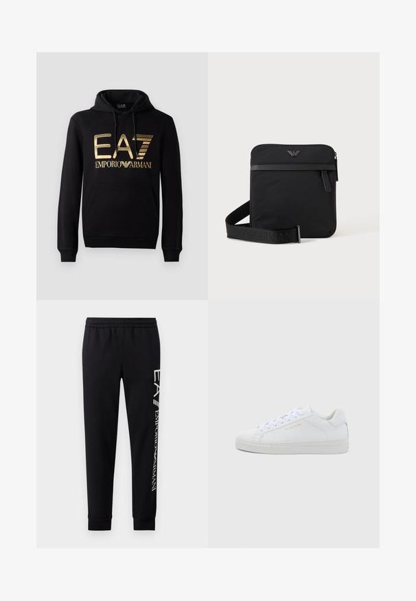 Zwarte hoodie met een gouden EA7-logo en de tekst "EMPORIO ARMANI" op de voorkant. Inclusief een voorste kangoeroezak en trekkoord voor de capuchon.; Zwarte sweatpants van een katoenmix, met een elastische tailleband, taps toelopende benen, ribgebreide boorden en een wit logo-opdruk langs de zijkant.; Witte leren lage sneakers met een ronde neus, platte veters, een gestructureerde zool en subtiele gouden branding aan de zijkant. Gladde oppervlakte en minimalistisch ontwerp.; Zwarte vierkante schoudertas met ritssluiting, voorvak en verstelbare band met geperste merknaam.