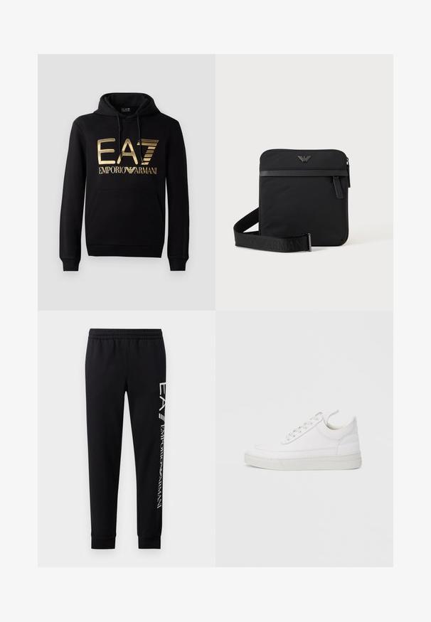 Sort hættejakke med et guld EA7-logo og "EMPORIO ARMANI" tekst på forsiden. Inkluderer en frontlomme og hætte med snore.; Sorte sweatpants lavet af en bomuldsblanding, med elastisk talje, smalle ben, ribbede manchetter og hvidt logo print langs siden.; Hvid lædersneaker med rundet tå, flad sål og snørebånd foran. Har syningsdetaljer og polstret krave for komfort.; Sort firkantet skuldertaske med lynlås, frontlomme og justerbar rem med præget brandnavn.