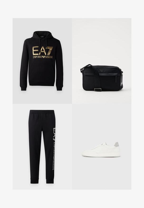 Sort hættejakke med et guld EA7-logo og "EMPORIO ARMANI" tekst på forsiden. Inkluderer en frontlomme og hætte med snore.; Sorte sweatpants lavet af en bomuldsblanding, med elastisk talje, smalle ben, ribbede manchetter og hvidt logo print langs siden.; Hvid lavtop-sneaker med gråt hælflig, hvide snørebånd og tekstureret sål, vist på en ensfarvet lys baggrund.; Sorte nylon skuldertaske med en kontrasterende rem, slank rektangulær form, logo detaljer og en lynlåslomme på forsiden.