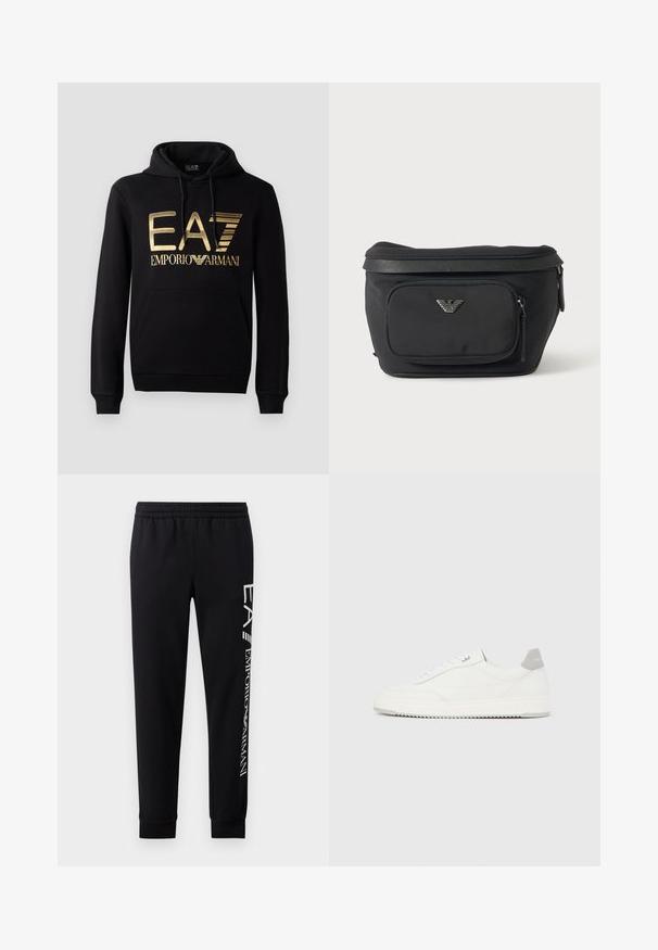 Sudadera negra con logo dorado de EA7 y texto "EMPORIO ARMANI" en la parte frontal. Incluye un bolsillo tipo canguro en la parte delantera y capucha con cordón.; Pantalones de chándal negros hechos de una mezcla de algodón, con una cinturilla elástica, piernas estrechas, puños acanalados y estampado de logo blanco en el lateral.; Zapatilla blanca de corte bajo con pestaña en el talón gris, cordones blancos y suela texturizada, presentada sobre un fondo claro y liso.; Riñonera negra con bolsillo frontal con cremallera y logo de águila plateado, tela lisa con ribete texturizado y tiradores de cremallera.