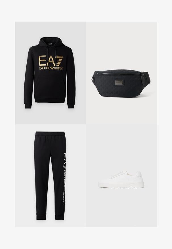 Sudadera negra con logo dorado de EA7 y texto "EMPORIO ARMANI" en la parte frontal. Incluye un bolsillo tipo canguro en la parte delantera y capucha con cordón.; Pantalones de chándal negros hechos de una mezcla de algodón, con una cinturilla elástica, piernas estrechas, puños acanalados y estampado de logo blanco en el lateral.; Zapatilla blanca con parte superior de cuero suave, puntera redondeada, cordones, acentos laterales texturizados y suela de goma gruesa. Diseño minimalista.; Riñonera de tela negra con cremallera frontal y pequeña placa metálica con el logo en el centro, mostrada sobre un fondo liso.