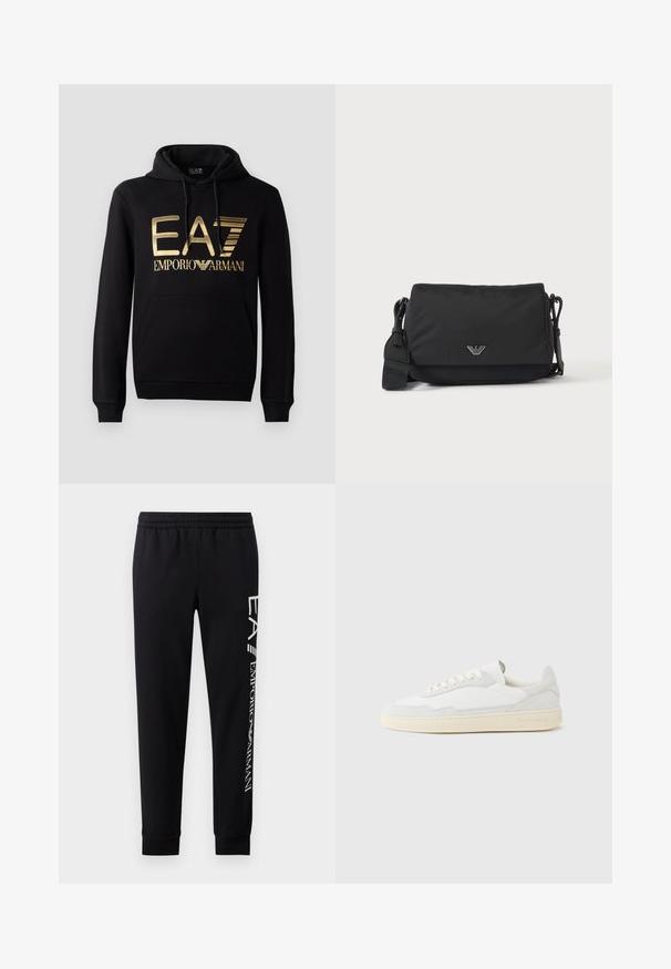 Sudadera negra con logo dorado de EA7 y texto "EMPORIO ARMANI" en la parte frontal. Incluye un bolsillo tipo canguro en la parte delantera y capucha con cordón.; Pantalones de chándal negros hechos de una mezcla de algodón, con una cinturilla elástica, piernas estrechas, puños acanalados y estampado de logo blanco en el lateral.; Zapatilla blanca con parte superior texturizada de ante y cuero. Presenta una puntera redondeada, cierre con cordones y suela de goma beige contrastante.; Bolso bandolera negro con correa ajustable y pequeño emblema de logo plateado en la solapa frontal, mostrado sobre un fondo claro y liso.