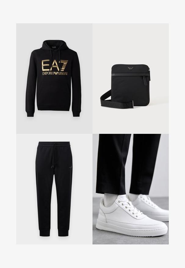 Must kärp, millel on esiküljel kuldne EA7 logo ja tekst "EMPORIO ARMANI". Sisaldab esimest taskut ja nööriga kapuutsi.; Mustad mustrid püksid, millel on reguleeritav vöökoht, küljetaskud ja soonikkoes mansetid. Valmistatud pehmest kangast, millel on reie peal peene logo detail.; Valged nahast tennisetossud, millel on lame kummist tallapool, sile viimistlus, ümar varvas ja metallist silmadega paelte jaoks. Kantud mustade pükstega.; Must ruudukujuline õlakott tõmblukuga, esitasku ja reguleeritava rihmaga, millel on reljeefne kaubamärgi nimi.