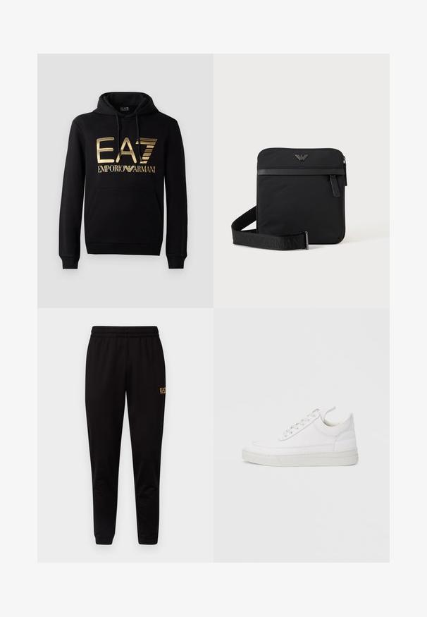 Zwarte hoodie met een gouden EA7-logo en de tekst "EMPORIO ARMANI" op de voorkant. Inclusief een voorste kangoeroezak en trekkoord voor de capuchon.; Zwarte sweatpants met een elastische tailleband, aangesloten boorden en een klein geel logo op het bovenste deel van het linkerdij. Zachte, gladde stofstructuur.; Witte leren sneaker met een afgeronde neus, platte zool en veters aan de voorkant. Voorzien van stikseldetails en een gevoerde kraag voor comfort.; Zwarte vierkante schoudertas met ritssluiting, voorvak en verstelbare band met geperste merknaam.