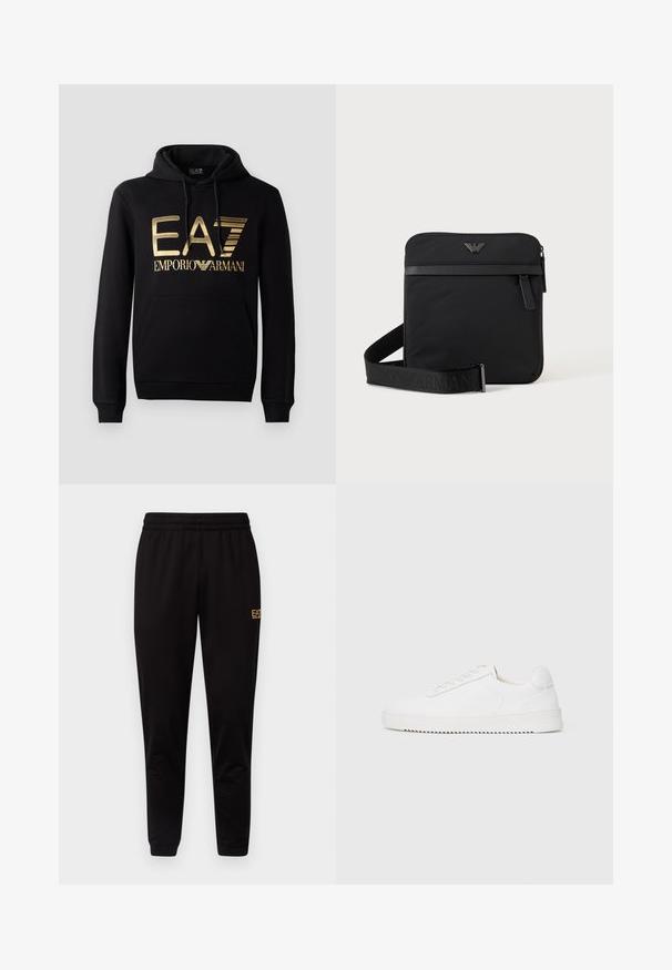 Zwarte hoodie met een gouden EA7-logo en de tekst "EMPORIO ARMANI" op de voorkant. Inclusief een voorste kangoeroezak en trekkoord voor de capuchon.; Zwarte sweatpants met een elastische tailleband, aangesloten boorden en een klein geel logo op het bovenste deel van het linkerdij. Zachte, gladde stofstructuur.; Witte sneaker met een gladleren bovenkant, ronde neus, veters, gestructureerde zijaccenten en een dikke rubberen zool. Minimalistisch ontwerp.; Zwarte vierkante schoudertas met ritssluiting, voorvak en verstelbare band met geperste merknaam.