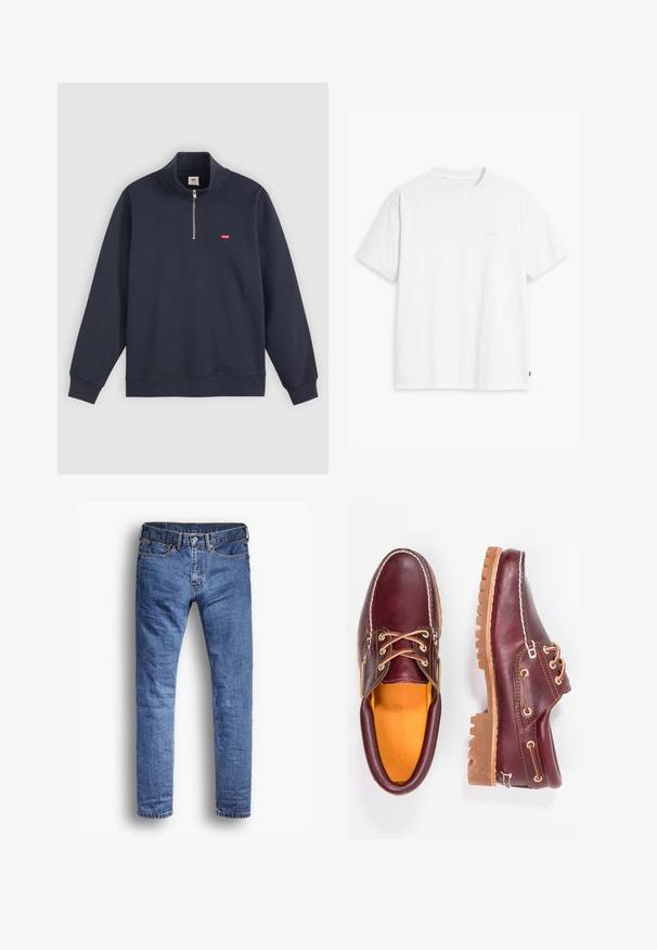 Marineblauer Pullover aus Baumwoll-Mix, mit hohem Kragen, halben Reißverschluss und kleinem roten Logo auf der linken Brust.; Weißes Baumwoll-T-Shirt mit kurzen Ärmeln, rundem Ausschnitt und einem dezenten "Levi's"-Logo in heller Farbe auf der Vorderseite.; Blaue Jeans aus Denim mit geradem Bein. Klassischer Fünf-Taschen-Stil, verziert mit Kupfernieten und einem ausgefransten Saum.; Bordeauxfarbene Lederschuhe mit braunen Gummisohlen, runder Zehenform, weißen Nähten und goldenen Ösen. Das Innenfutter weist eine gelbe Beschichtung auf.