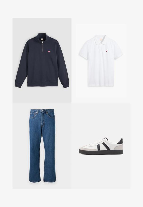 Marineblauer Pullover aus Baumwoll-Mix, mit hohem Kragen, halben Reißverschluss und kleinem roten Logo auf der linken Brust.; Weißes Poloshirt aus Baumwolle. Verfügt über eine Knopfleiste mit drei Knöpfen, kurze Ärmel und ein kleines rotes Levi's-Logo auf der linken Brust.; Blaue gerade geschnittene Jeans aus Denim mit vorderem Knopf und Reißverschluss, fünf Taschen und orangefarbenen Nahtdetails auf einfarbigem Hintergrund.; Weiße Sneaker mit schwarz- und grau-aczenten, ausgestattet mit einer strukturierten grauen Zehenkappe, schwarzer Gummi-Sohle und flachen weißen Schnürsenkeln. Sauberes Design, minimalistische Stil.