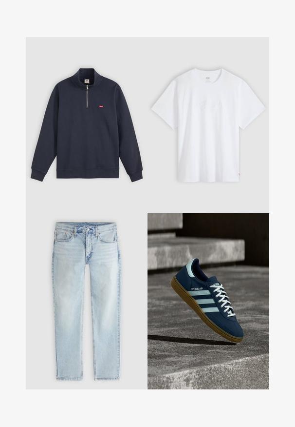 Marineblauwe pullover trui van een katoenmix, met een hoge kraag, halve rits en een klein rood logo op de linkerborst.; Wit T-shirt met korte mouwen en ronde hals, met subtiel gebosseleerd scriptlogo gecentreerd op de borst en een klein rood merklabel aan de zijkant.; Lichtblauwe rechte jeans met knoop- en ritssluiting aan de voorkant, voor- en achterzakken en zichtbare stikseldetails.; Blauwe Adidas Spezial sneaker met witte strepen en veters, gumzool, zwevend boven een ruwe betonnen oppervlakte en trappen op de achtergrond.