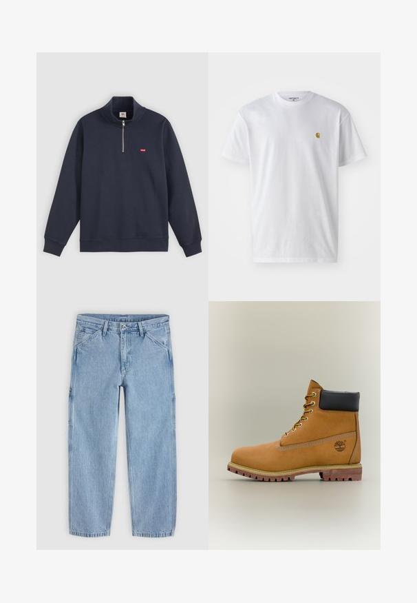 Marineblauer Pullover aus Baumwoll-Mix, mit hohem Kragen, halben Reißverschluss und kleinem roten Logo auf der linken Brust.; Weißes Baumwoll-T-Shirt mit kurzen Ärmeln, Rundhalsausschnitt, mit einem kleinen goldenen Logo im linken Brustbereich. Weicher Stoff und normale Passform.; Hellblaue Jeans mit geradem Bein, vorderem Knopf, Reißverschluss, Gürtelschlaufen und schrägen Vordertaschen auf einfarbigem Hintergrund.; Brauner Leder-Stiefelette mit schwarzem Kragen, gelben Schnürsenkeln und hellbrauner Sohle. Verfügt über ein Logo und weiße Ziernähe. Robuste Profilsohle.