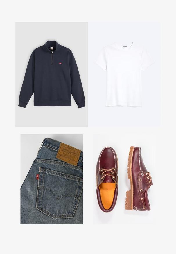 Marineblauer Pullover aus Baumwoll-Mix, mit hohem Kragen, halben Reißverschluss und kleinem roten Logo auf der linken Brust.; Schlichtes weißes T-Shirt mit kurzen Ärmeln und Rundhalsausschnitt mit gut sichtbarem WEEKDAY-Label am Kragen, dargestellt auf hellem Hintergrund.; Gesäßtasche einer blauen Denim Levi's Jeans mit gelber Naht und einem braunen Lederetikett von Levi Strauss & Co. am Bund.; Bordeauxfarbene Lederschuhe mit braunen Gummisohlen, runder Zehenform, weißen Nähten und goldenen Ösen. Das Innenfutter weist eine gelbe Beschichtung auf.