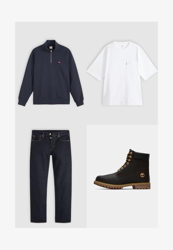 Marineblauer Pullover aus Baumwoll-Mix, mit hohem Kragen, halben Reißverschluss und kleinem roten Logo auf der linken Brust.; Weißes Baumwoll-T-Shirt mit kurzen Ärmeln, rundem Ausschnitt und Brusttasche auf der linken Seite. Mit kleinem rotem Logotag an der Tasche.; Dunkelblaue Jeans mit geradem Bein, Knopfleiste, vorderen und hinteren Taschen sowie Kupfernieten auf hellgrauem Hintergrund.; Schwarze Leder-Ankle-Boots mit goldenen Ösen, braunen Akzenten und einer Gummisohle. Verfügt über einen gepolsterten Schaft und ein geprägtes Logo an der Seite.