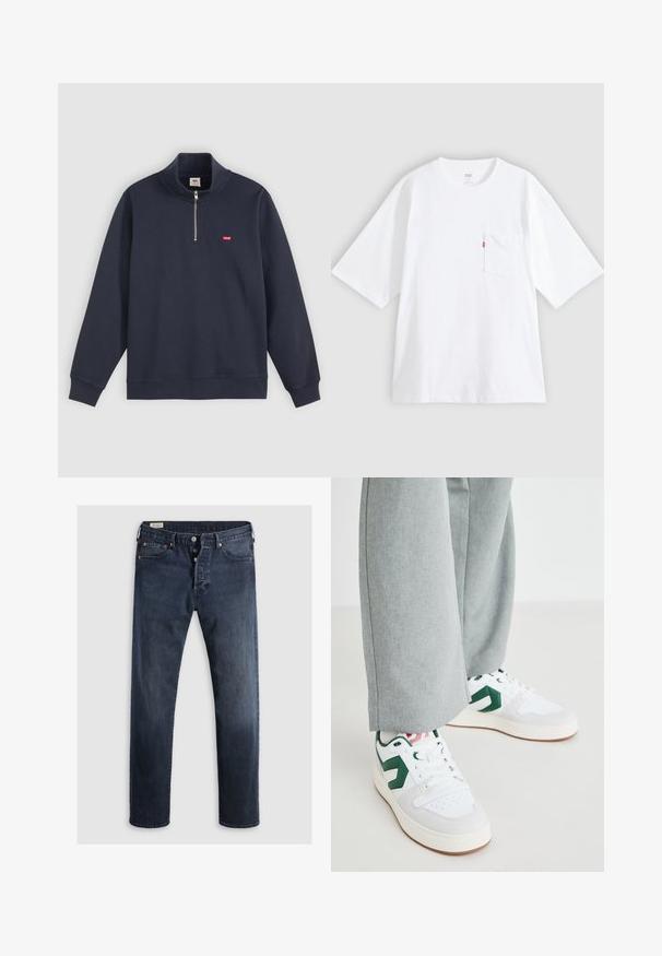 Marineblauer Pullover aus Baumwoll-Mix, mit hohem Kragen, halben Reißverschluss und kleinem roten Logo auf der linken Brust.; Weißes Baumwoll-T-Shirt mit kurzen Ärmeln, rundem Ausschnitt und Brusttasche auf der linken Seite. Mit kleinem rotem Logotag an der Tasche.; Dunkelblaue Denim-Jeans mit geradem Bein, ausgestattet mit einem Reißverschluss, Metallknöpfen und Kupfernieten. Glatte Textur, keine sichtbaren Muster.; Weiße und grüne Sneakers aus glattem Leder und Wildleder, mit einem auffälligen grünen Logo-Akzent und weißen Schnürsenkeln. Graue Hosen sind teilweise sichtbar.