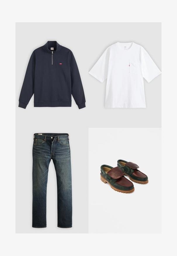 Marineblauer Pullover aus Baumwoll-Mix, mit hohem Kragen, halben Reißverschluss und kleinem roten Logo auf der linken Brust.; Weißes Baumwoll-T-Shirt mit kurzen Ärmeln, rundem Ausschnitt und Brusttasche auf der linken Seite. Mit kleinem rotem Logotag an der Tasche.; Dunkelblaue Denim-Jeans mit geradem Schnitt, fünf Taschen und Kupfennieten. Der Stoff hat ein leicht ausgewaschenes Finish, das Textur und Maserung zeigt.; Lederschuhe mit einem dunkelgrünen Oberteil und einem bordeauxroten oberen Teil, runder Spitze, gesichertem Klappverschluss und einer strukturierten Gummisohle mit Rillen.