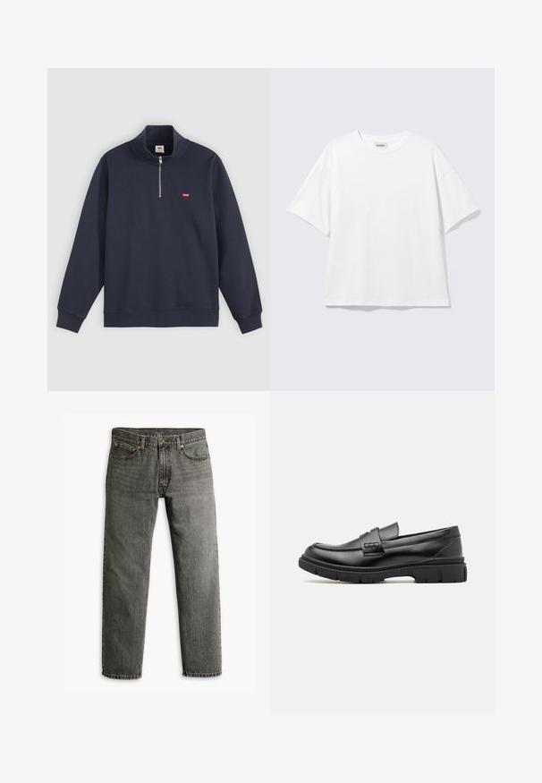 Tumesinine pullover-sweater, mis on valmistatud puuvillase segust, millel on kõrge krae, poolne lukk ja väike punane logo vasakul rinnal.; Valge liibuv oversized lühikeste varrukatega t-särk ümar kaelusega, langevate õlgadega, tasapinnal helehalli taustal.; Halli denim teksad otse sääre disainiga, klassikalise viie tasku stiiliga ning peentelt õmblustelt detailidega õmblustes ja taskutes.; Musthave nahkast suss, millel on lai rihm üle vöö, kummitald paksude mustritega ning sile tekstuur. Klassikaline, elegantne disain.