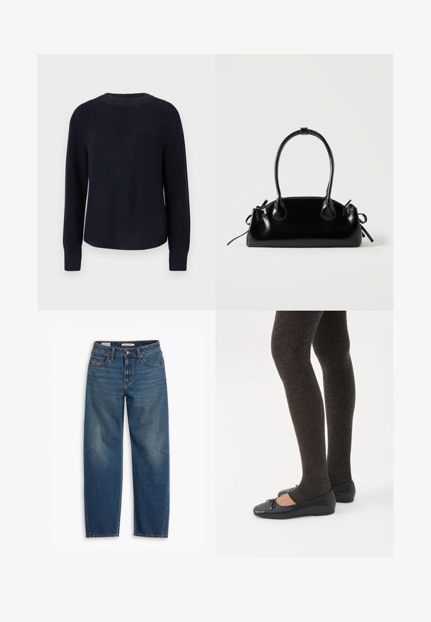 Pull en maille bleu marine à col rond avec manches longues et poignets côtelés, présenté sur un fond clair uni.; Jeans en denim bleu avec une coupe décontractée, featuring une taille haute, des jambes droites, des coutures visibles et un petit accent sur le genou gauche.; Jambes portant des leggings côtelés foncés associés à des ballerines noires avec de petits détails en nœud sur fond blanc.; Petit sac à main noir brillant avec deux longues anses et des détails à cordon sur les côtés sur un fond clair uni.