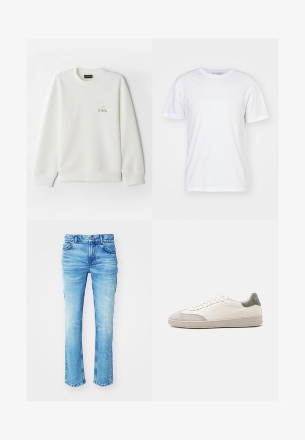 Weißes Sweatshirt aus weichem Stoff. Mit Rundhalsausschnitt und langen Ärmeln. Ein kleines, graues, gesticktes Logo befindet sich auf der Brust.; Weißes Baumwoll-T-Shirt mit Rundhalsausschnitt, kurzen Ärmeln und geradem Schnitt. Keine Muster oder Verzierungen, glatte Textur und schlichtes Design.; Blaue Jeans aus Denim mit einem ausgewaschenen Look, geradem Bein und rohem Saum. Verfügt über einen Fünf-Taschen-Stil und Metallknopf-Details.; Weißer niedriger Sneaker mit hellgrauen Wildleder-Akzenten an Zehen und Ferse, weißen Schnürsenkeln und einer flachen beigen Sohle, von der Außenseite gezeigt.