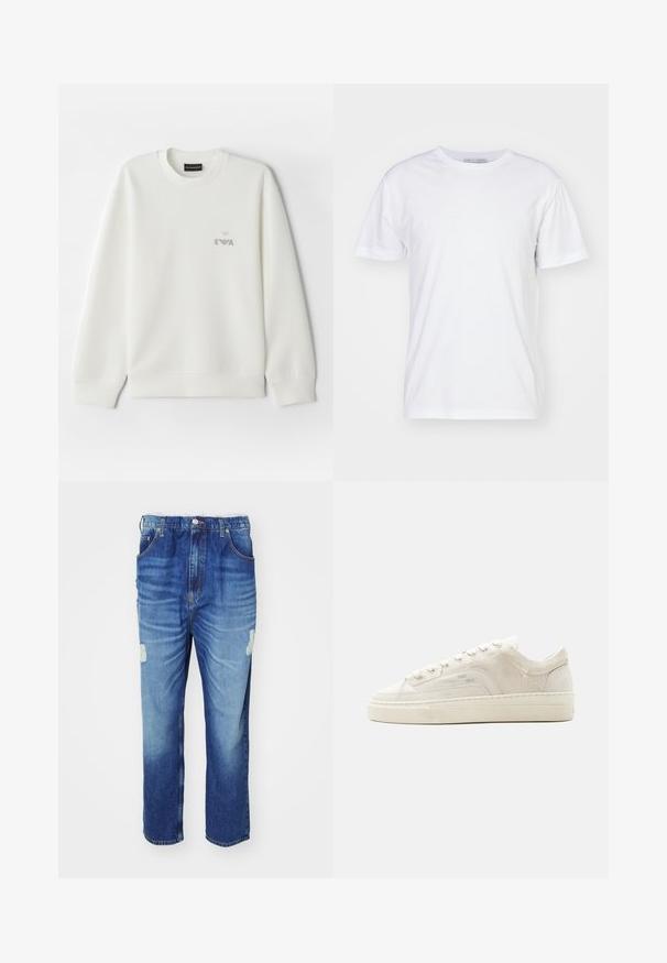 Weißes Sweatshirt aus weichem Stoff. Mit Rundhalsausschnitt und langen Ärmeln. Ein kleines, graues, gesticktes Logo befindet sich auf der Brust.; Weißes Baumwoll-T-Shirt mit Rundhalsausschnitt, kurzen Ärmeln und geradem Schnitt. Keine Muster oder Verzierungen, glatte Textur und schlichtes Design.; Blaue Jeans aus Denim mit einer verblassten Waschung, versehen mit einem gearbeiteten Kniefleck, fünf Taschen und einem geraden Bein-Design.; Weißer Sneaker mit niedrigem Schaft, Schnürung, strukturiertem Stoffobermaterial und dicker Gummisohle, von der Außenseite auf einfachem Hintergrund gezeigt.