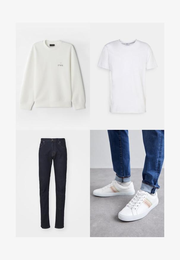 Hvid sweatshirt lavet af blødt stof. Har rund halsudskæring og lange ærmer. Et lille gråt broderet logo er placeret på brystet.; Hvid kortærmet t-shirt lavet af bomuld. Har en rund halsudskæring og en afslappet pasform uden synlige mønstre eller detaljer.; Mørkeblå denimjeans med slim fit, fem-lomme design og knaplukning. Har kontrastsyninger og lige benform.; Hvide lædersneakers med multicolore striber, snørebåndsdesign, gummisål og polstret krave, parret med blå denimjeans.