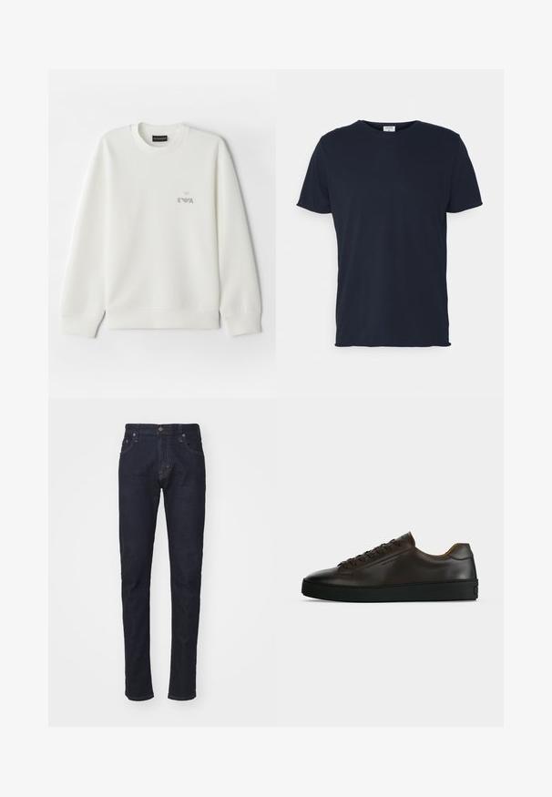 Witte sweatshirt gemaakt van zachte stof. Heeft een ronde halslijn en lange mouwen. Een klein grijs geborduurd logo is op de borst geplaatst.; Navyblauwe katoenen t-shirt met ronde hals en korte mouwen, met een gladde textuur en eenvoudig ontwerp, zonder zichtbare patronen of accenten.; Donkerblauwe denim jeans met een slim fit, vijf zakken ontwerp en een knoopsluiting. Kenmerken zijn contrasterende stiksels en een rechte pijp.; Low-profile donkerbruine leren sneaker met zwarte rubberen zool, veters aan de voorkant en een strak minimalistisch design op een lichte achtergrond.