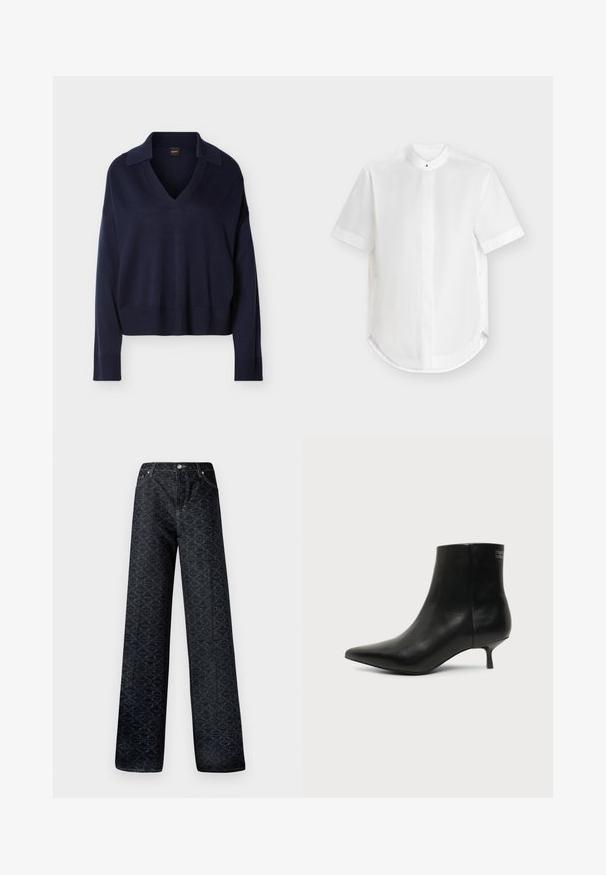 Pull bleu marine à manches longues avec col en V, col, poignets et ourlet côtelés, présenté sur fond blanc uni.; Chemise blanche manches courtes avec col mao, patte de boutonnage cachée et ourlet arrondi, présentée à plat sur un fond clair.; Jean large bleu foncé avec un motif géométrique, en denim. Présente un bouton en métal, une fermeture éclair et des coutures de poches avant.; Bottine en cuir noir avec bout pointu et petit talon kitten sur fond clair, vue côté extérieur.