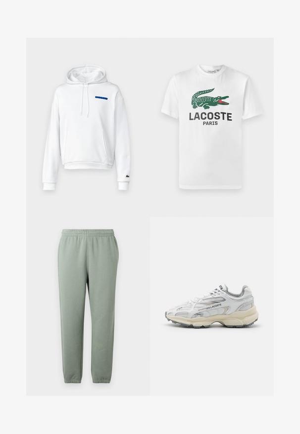 Valge puuvillane kapuutsiga dressipluus, millel on känguru tasku, nööriga kapuuts ja sinine teksti logo rinnal. Ribaga mansetid ja ääred.; Lacoste Trükipildiga T-särk - white; Heledad rohelised dressipüksid, millel on elastne vöökoht, kitsenevad sääred ja mansettidega pahkluud. Valmistatud pehmest, kergest kangast.; Valged spordijalatsid hallide aktsentidega, suvijõud, nailon ja sünteetiline ülemine osa, nöörimise disain ning tekstuuriga kummist tald, millel on haardemustrid.
