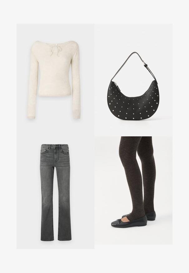 Pull long beige clair à manches longues, avec un décolleté à scoop orné d'un nœud et en tissu tricoté doux et texturé.; Jeans évasés en denim gris foncé avec une taille haute, cinq poches et une fermeture à un bouton. Texture lisse avec un léger délavage.; Jambes portant des leggings côtelés foncés associés à des ballerines noires avec de petits détails en nœud sur fond blanc.; Sac à main en cuir noir avec une forme arrondie, orné de clous en argent, doté d'une fermeture éclair et d'une seule sangle ajustable.