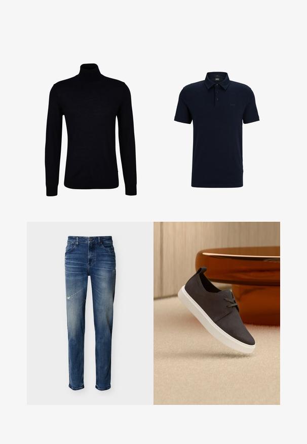 Sort turtleneck sweater i glat strikstof. Har lange ærmer, en tætsiddende hals og ribbede manchetter og kant for en tætsiddende pasform.; Mørkeblå polo skjorte lavet af bomuld, med en foldet krave, tre-knap lukning og et diskret logo på venstre bryst. Korte ærmer.; Blå denim jeans med let falming og slidte områder, fem-lommer stil, lige ben, knap- og lynlås lukning.; Mørkegrå ruskind casual snøresko med hvid sål, svævende over beige tæppe, med brunt translucent moderne bord i baggrunden.