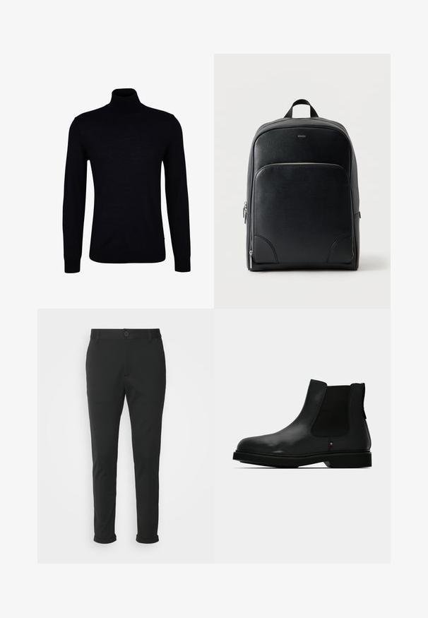 Sort turtleneck sweater i glat strikstof. Har lange ærmer, en tætsiddende hals og ribbede manchetter og kant for en tætsiddende pasform.; Sorte bukser lavet af et glat stof med lige pasform. Har en enkelt knaplukning og opspejdede manchetter.; Sort læder Chelsea-støvle med elastiske sidepaneler, rund tå og tekstureret overdel. Har en flad gummisål og diskret mærkedetalje.; Sort tekstureret læderrygsæk med lomme foran med lynlås, sølv lynlåse, top håndtag og "HUGO" logo foran.