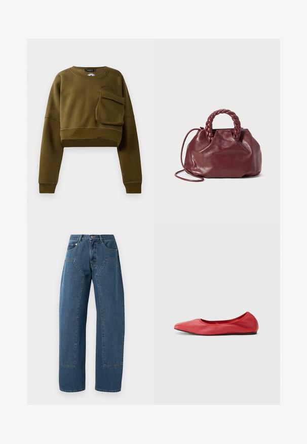 Oliven grøn cropped sweatshirt med rund halsudskæring, lange ærmer og lomme foran. Har tekstureret stof og diskret logo-detalje.; Blå denim jeans med brede ben, store frontlomme, knaplukning og bæltestropper.; Filippa K REY FLATS - Ballerinasko - bright red; Burgundy lædertaske med et flet-håndtag, blød tekstur og en rund form. Har en aftagelig skulderrem for alsidighed.