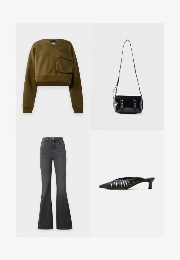Oliven grøn cropped sweatshirt med rund halsudskæring, lange ærmer og lomme foran. Har tekstureret stof og diskret logo-detalje.; High-waist sorte flare jeans med frontlommer, knap- og lynlåslukning, vist på en simpel lys baggrund.; Sort læder mule med spids snude, stropdetalje og lav kittenhælk på hvid baggrund.; Sort skuldertaske i læder med justerbar rem, to lodrette lynlåse foran og et lille metalvinge-emblem under lynlåsene.